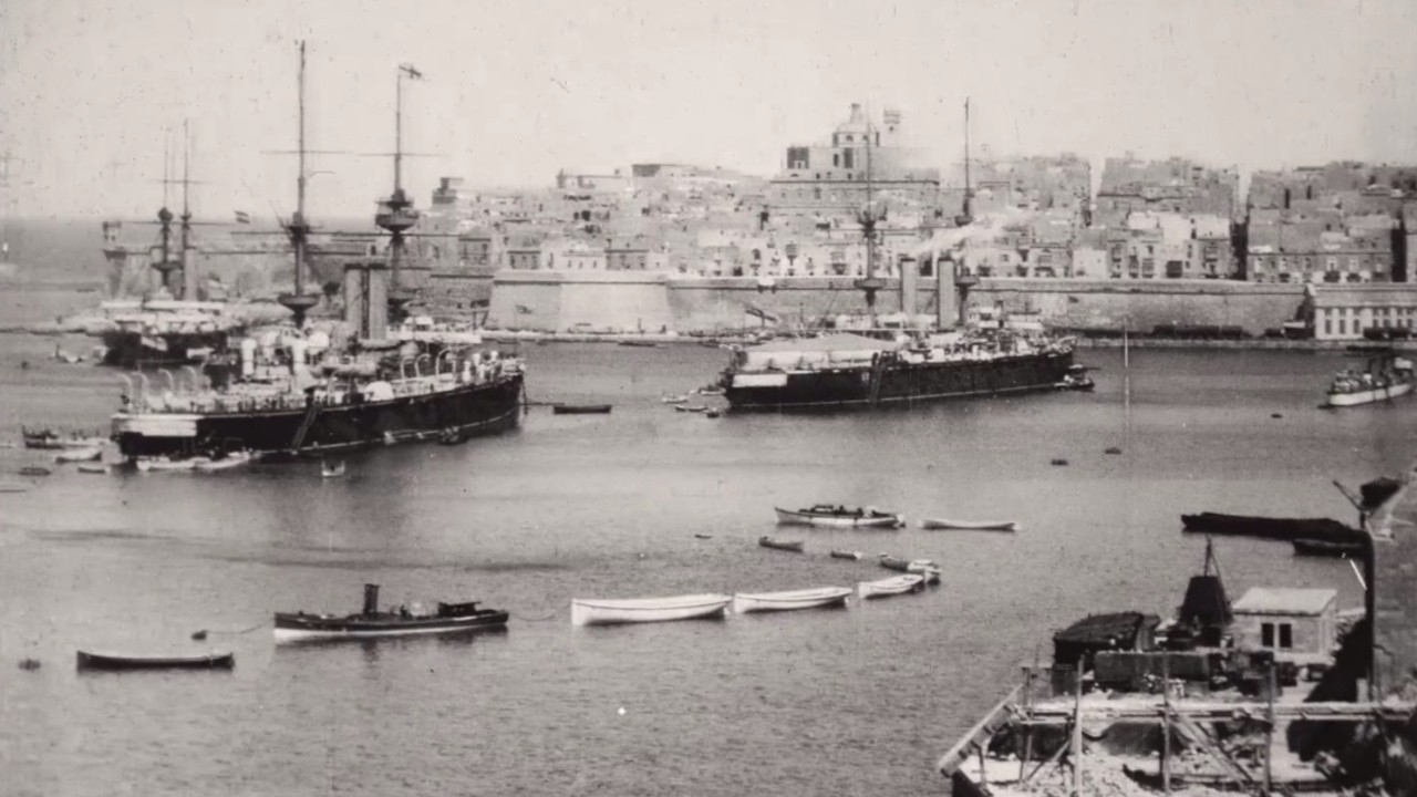 Panorama of Grand Harbour, Malta, Showing Battleships, Etc.